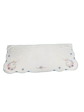 Vintage Hand Embroidered Linen Table Runner Dresser Scalloped Edge Blue Pink